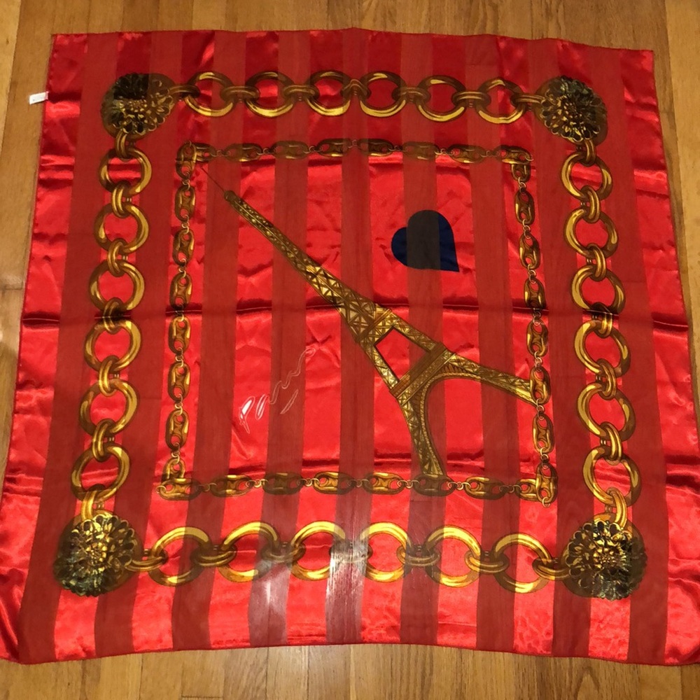 From Paris with Love Large Silky Square Scarf. Eiffel Tower, Heart, Chains - Picture 5 of 15